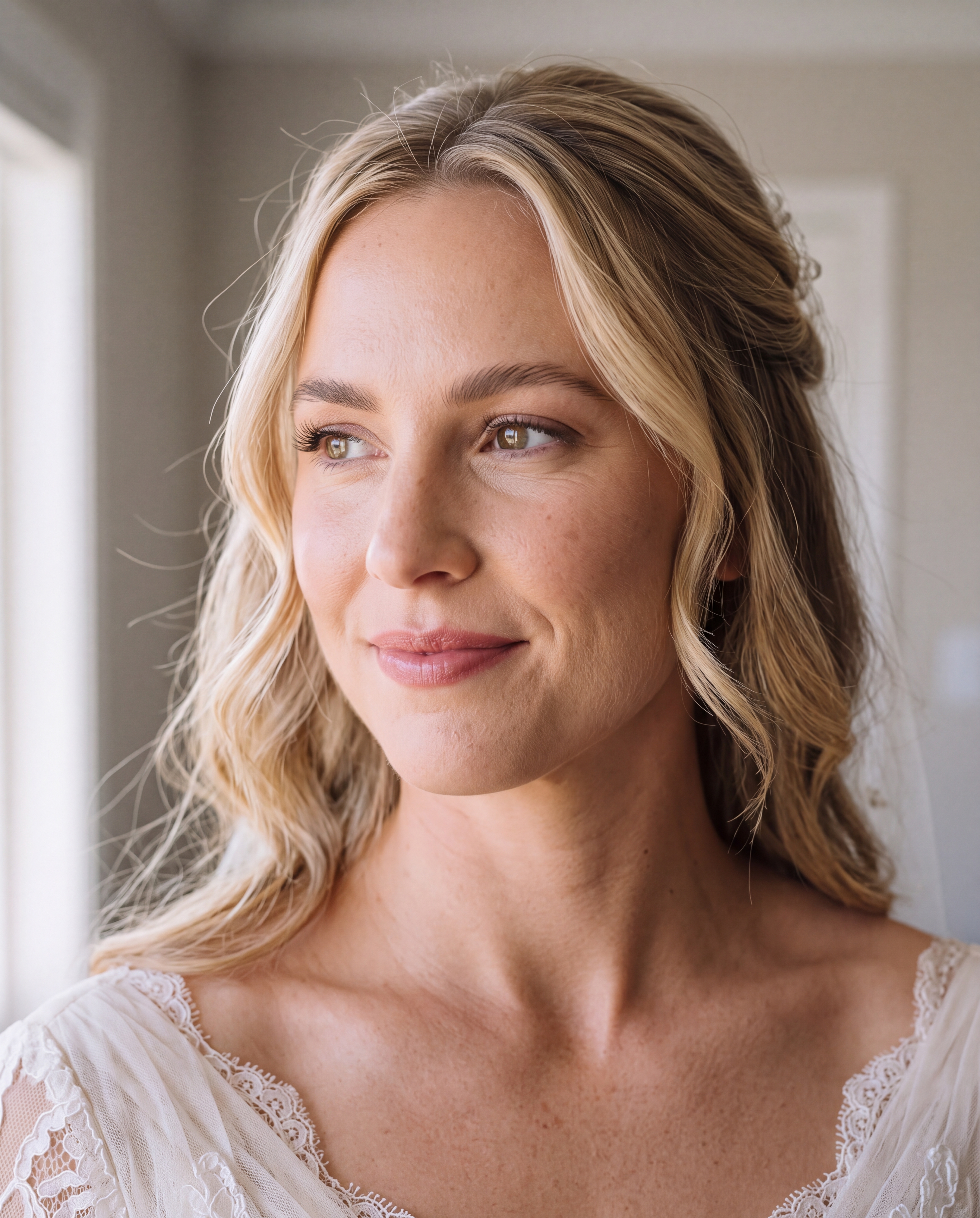 Close-up portrait of a bride in soft coastal window light with natural skin texture and polished makeup.