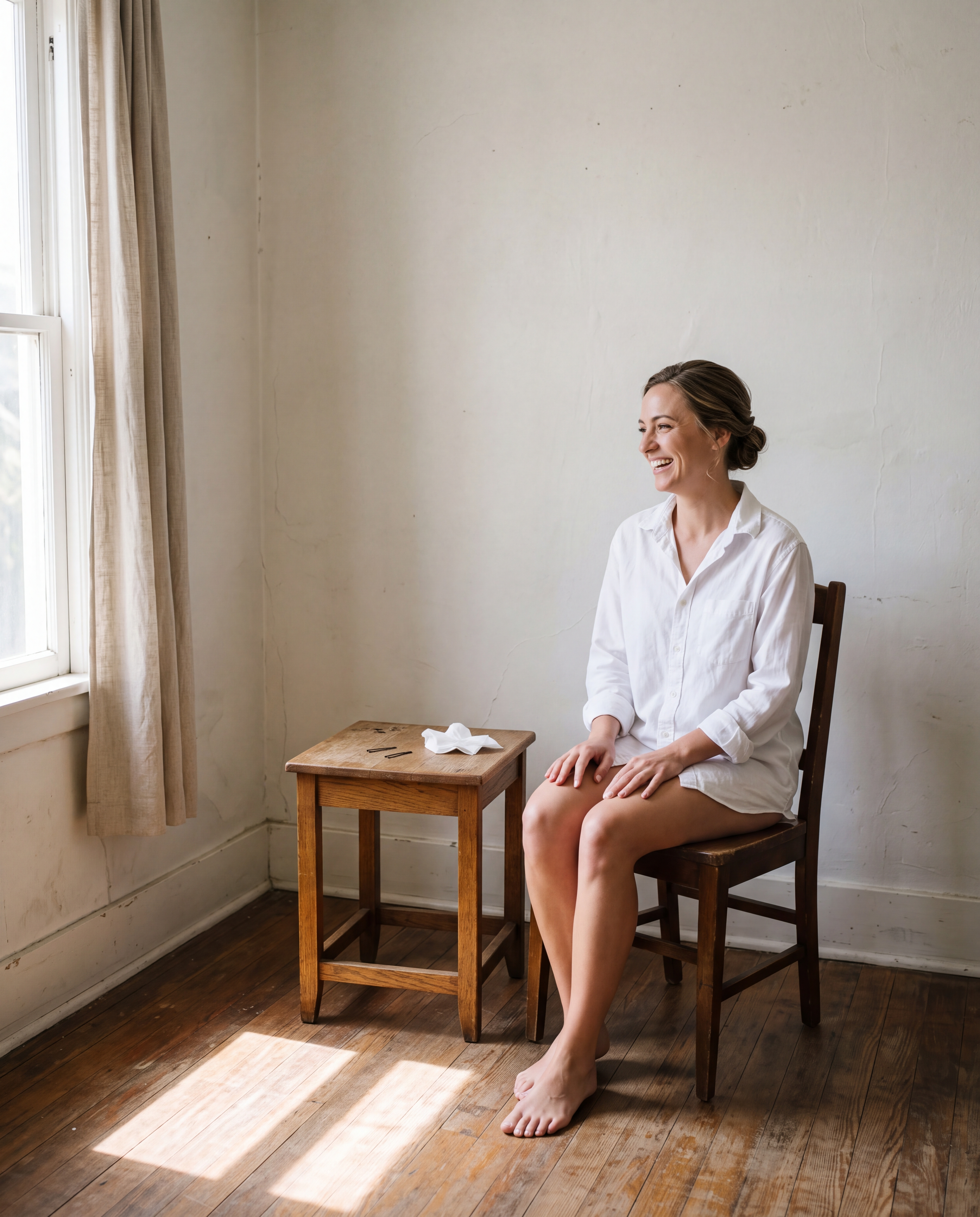 Bride laughing in a sunlit coastal getting-ready room beside a window and wooden table.