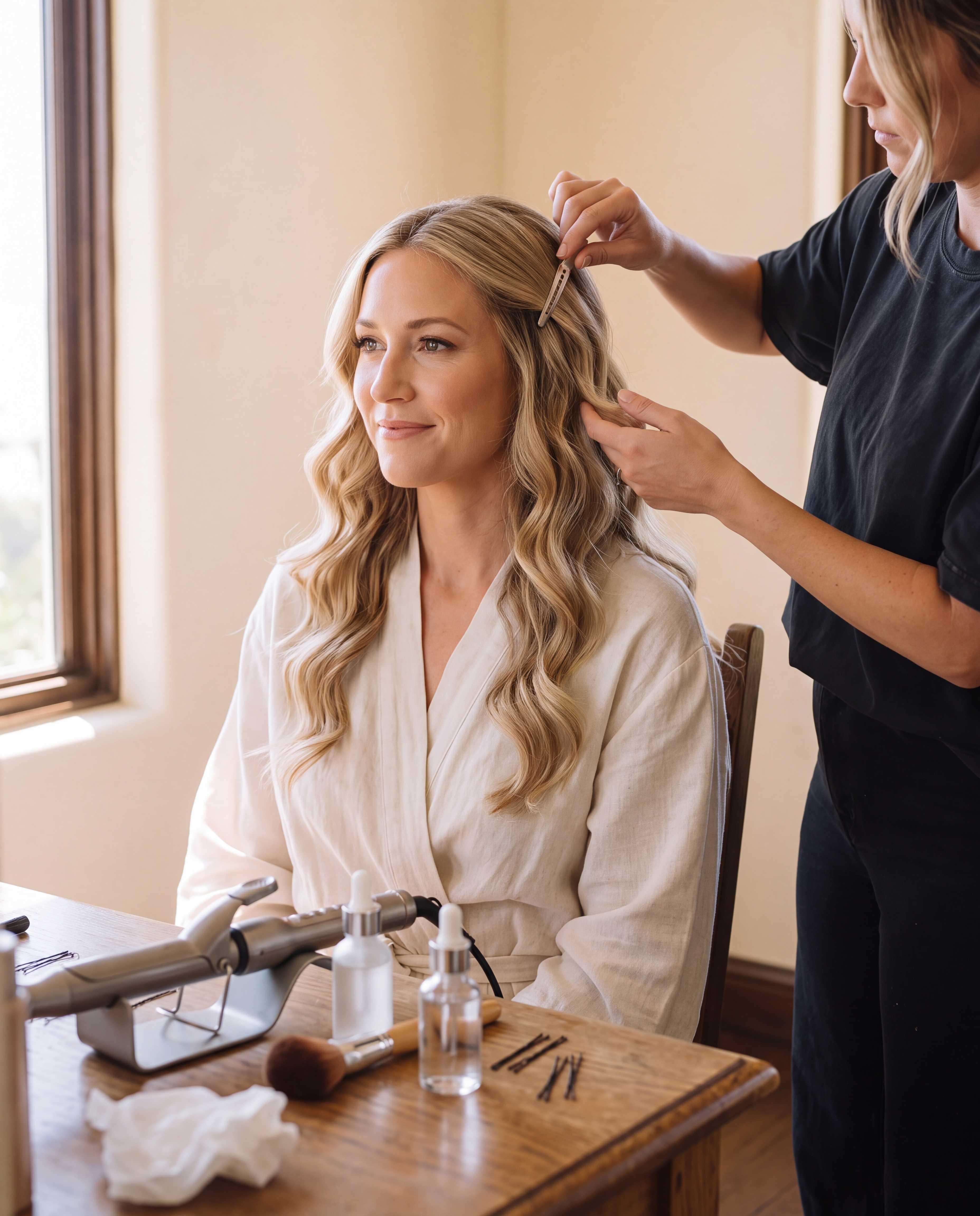 Bride preparing in a bright coastal room with stylist, wardrobe, and natural wedding-morning activity.